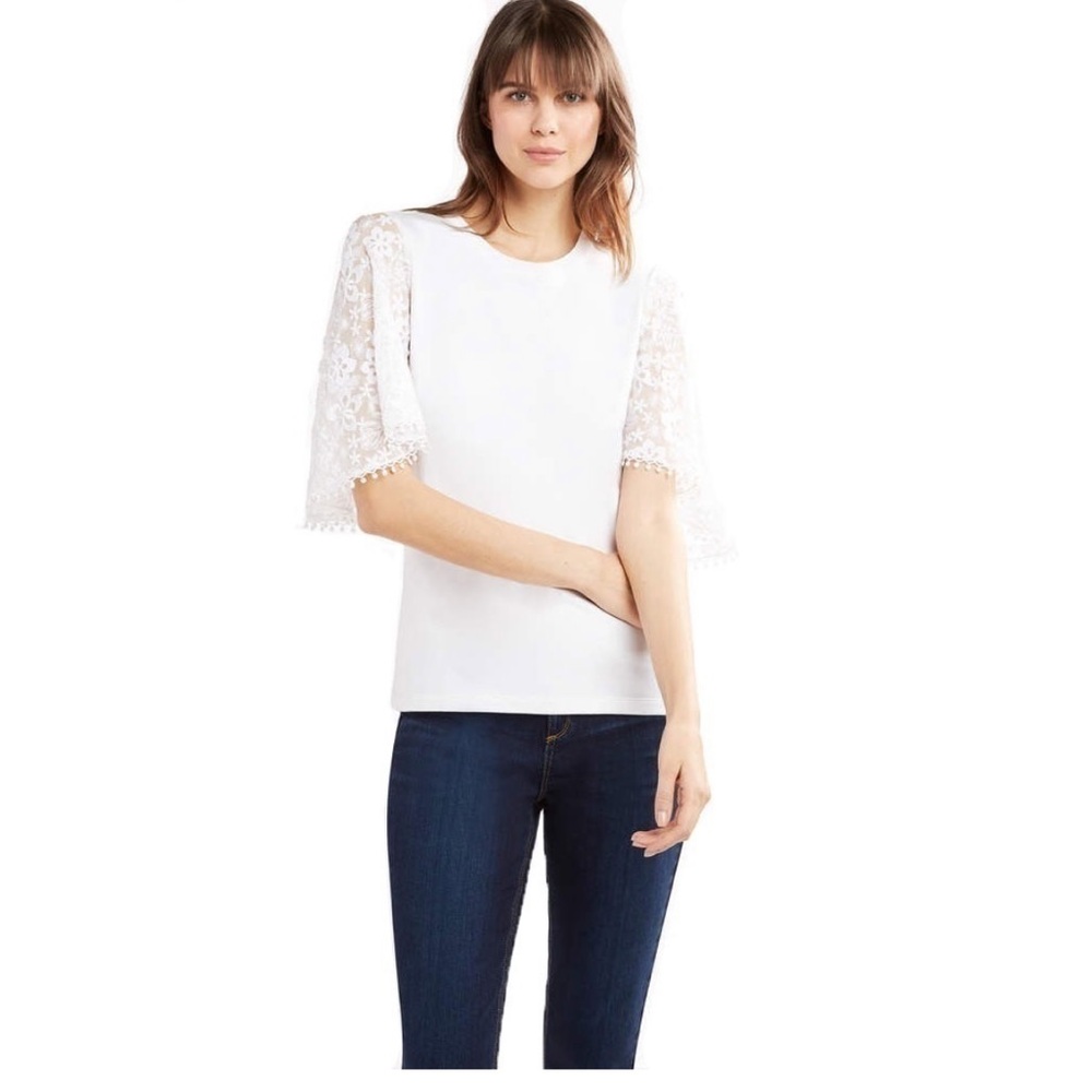 Elie Tahari Ida Knit Ivory Lace Sleeves Top - L